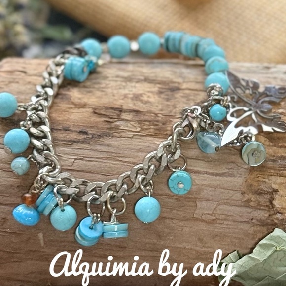 Vintage chunky cuban chain turquoise charms handmade bracelet - Picture 1 of 2